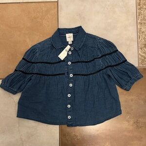 Maeve Indigo Blue Denim Button-Front Puff Sleeve Blouse